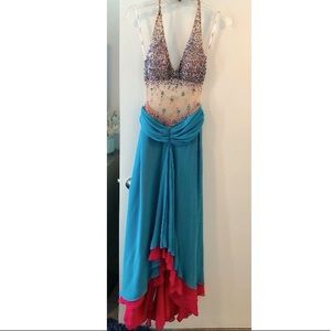 Tiffany Designs halter jeweled semi-sheer evening gown